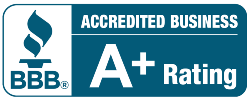 BBB Accredited Business with A+ Rating. Blue and white logo.