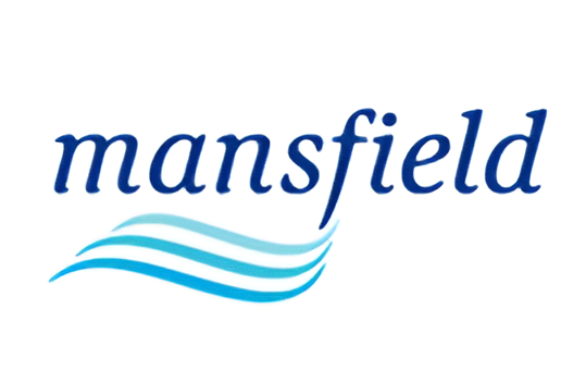 Mansfield logo, navy text over teal wave design.