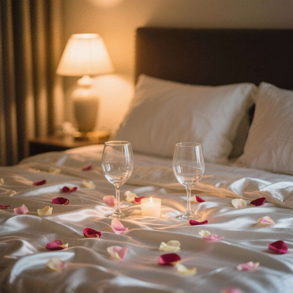 Cama com pétalas de rosa, duas taças de vinho e uma vela acesa. Uma lâmpada ilumina a cena.