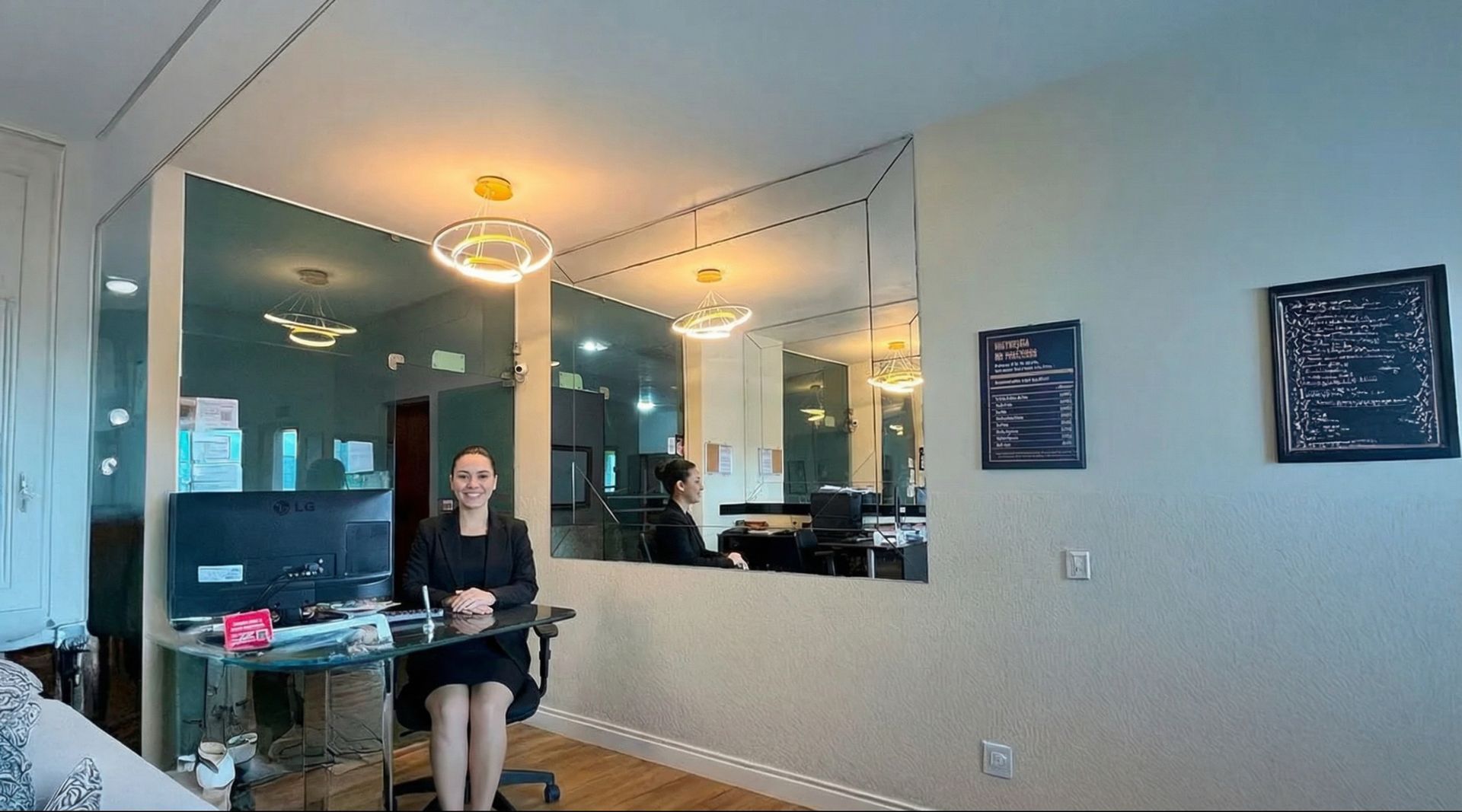 Pequena sala de estar com espelhos, luzes, uma escrivaninha e uma TV.