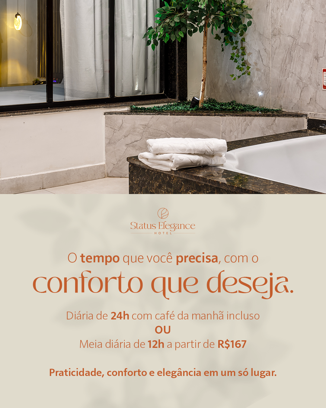 Anúncio de um quarto de hotel com jacuzzi. O texto em português oferece estadias de 24 ou 12 horas a partir de R$ 167.