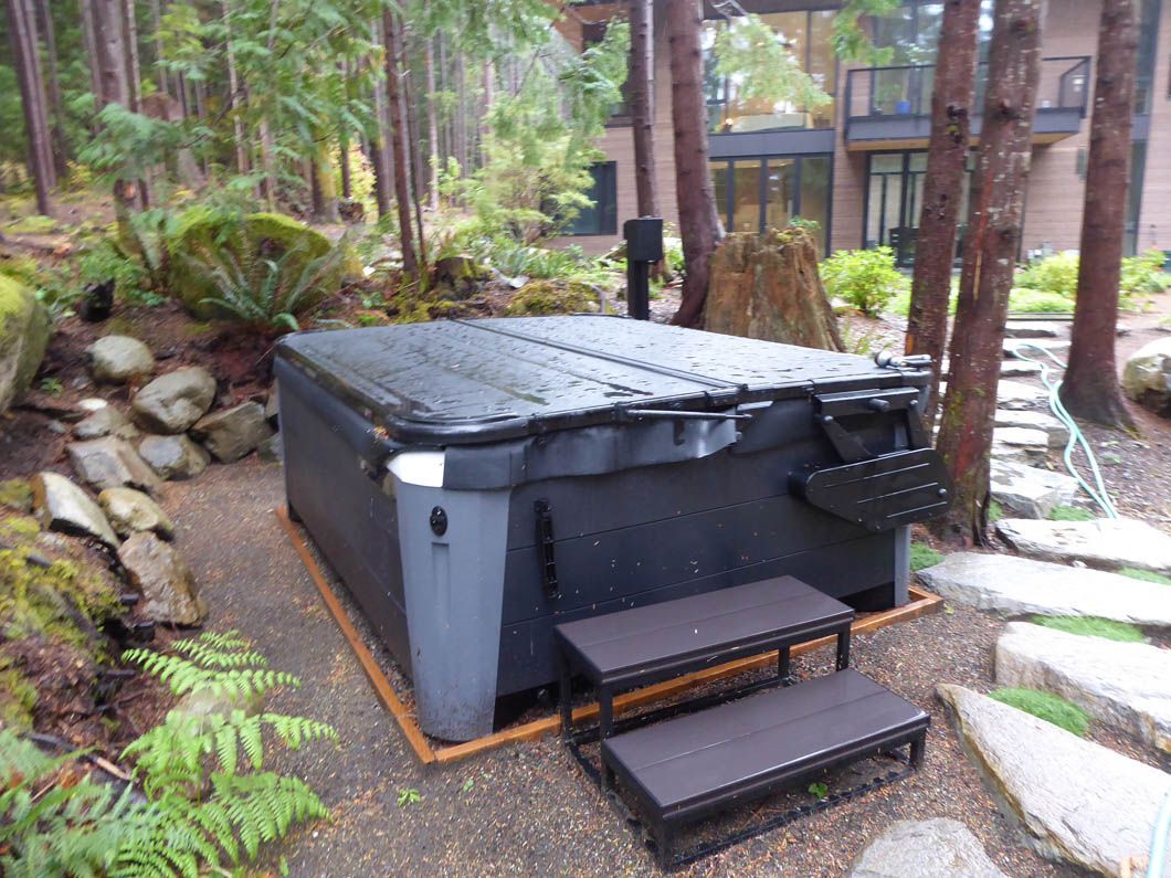 A hot tub is sitting in the middle of a forest.