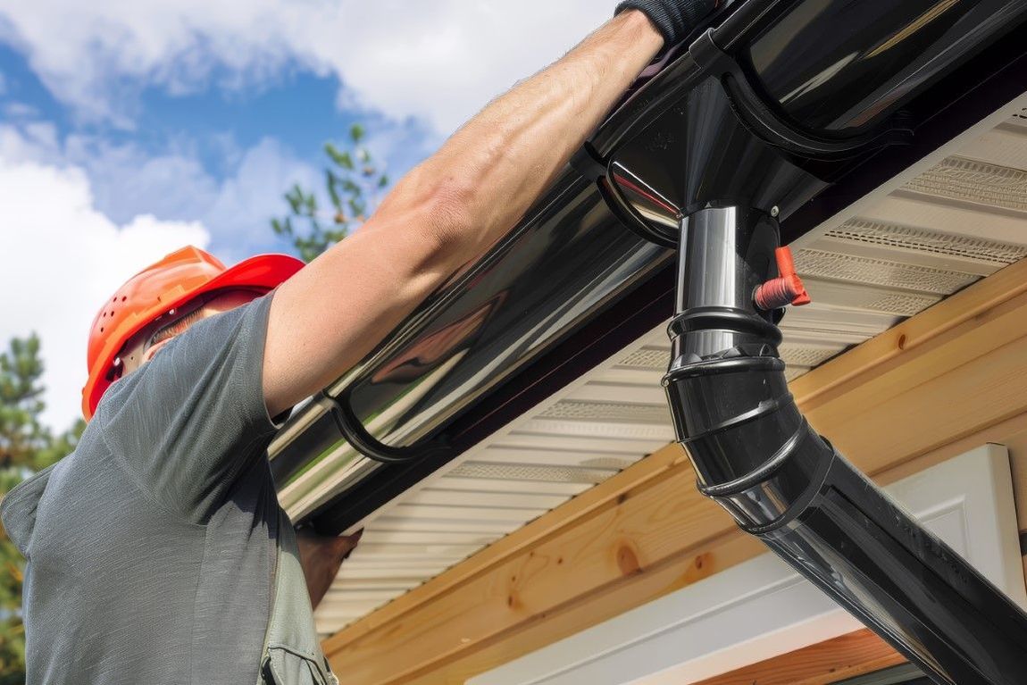 A man is installing a gutter on the roof of a house.