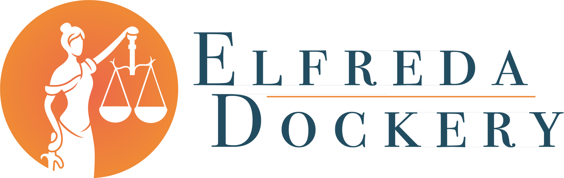 The logo for elfreda dockery shows a woman holding scales of justice