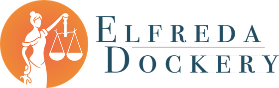 The logo for elfreda dockery shows a woman holding scales of justice