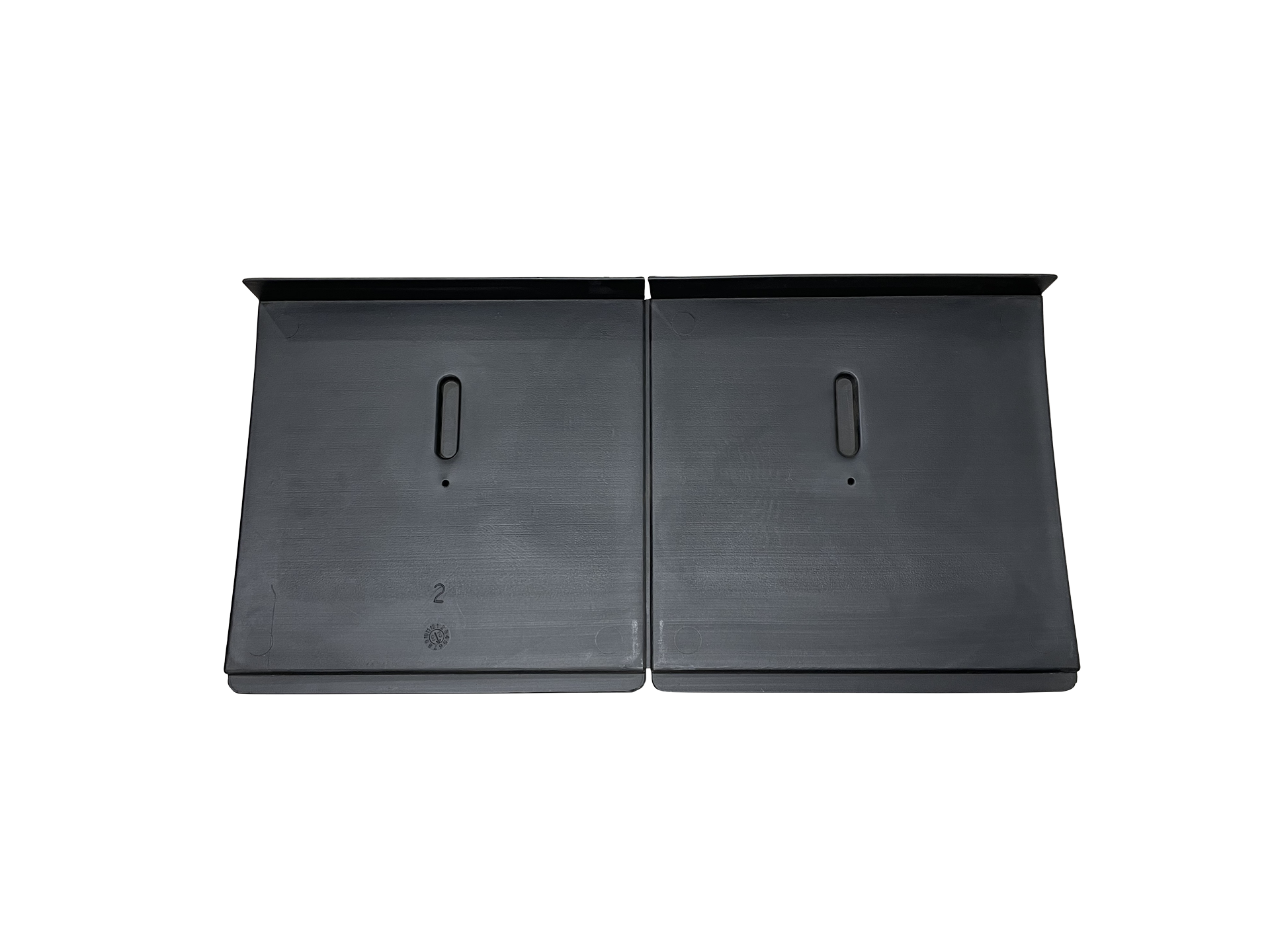 Two black trays with numbers on them on a white background