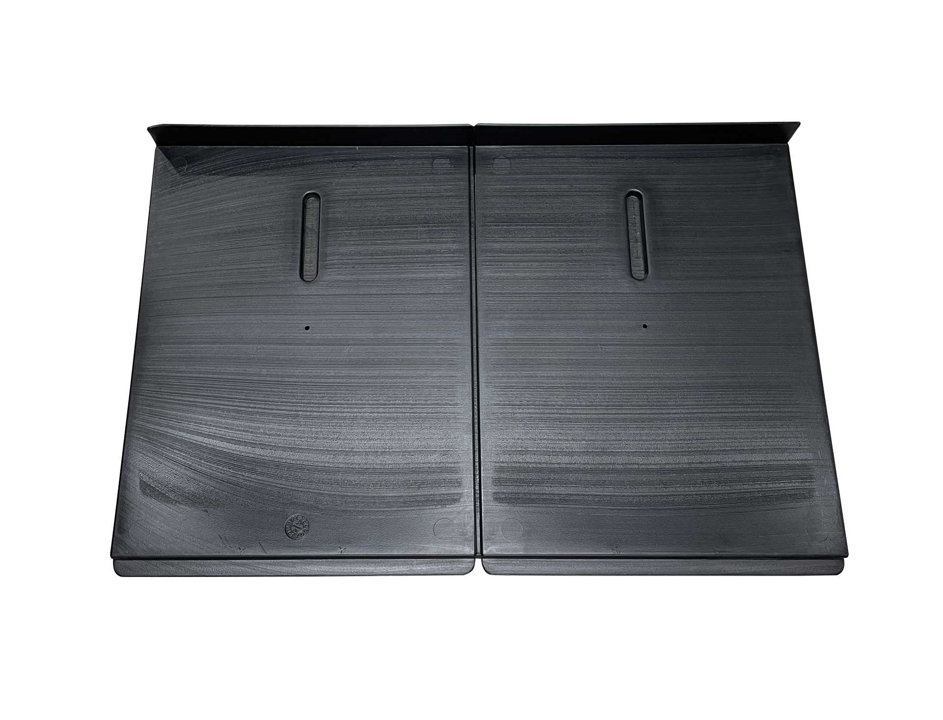 A pair of black plastic trays on a white background.