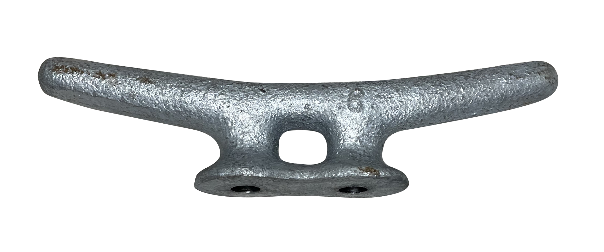 A close up of a metal cleat with a hole in the middle on a white background.