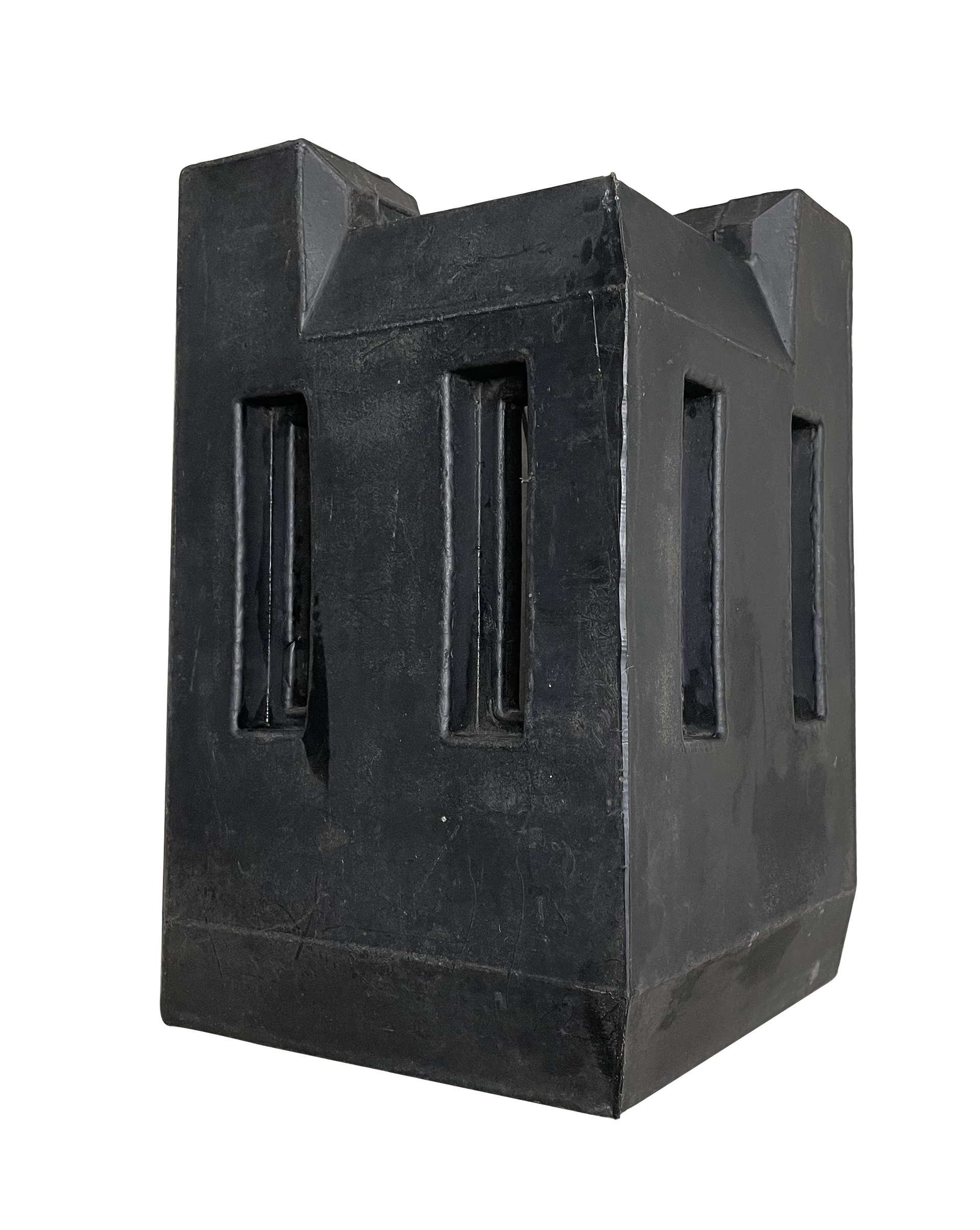 A black block with three windows on a white background.