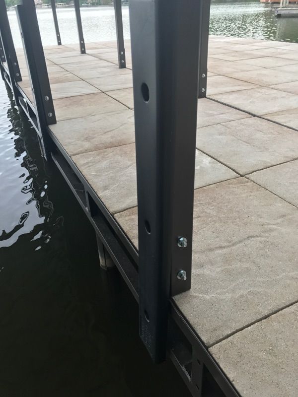 A close up of a dock that is next to a body of water