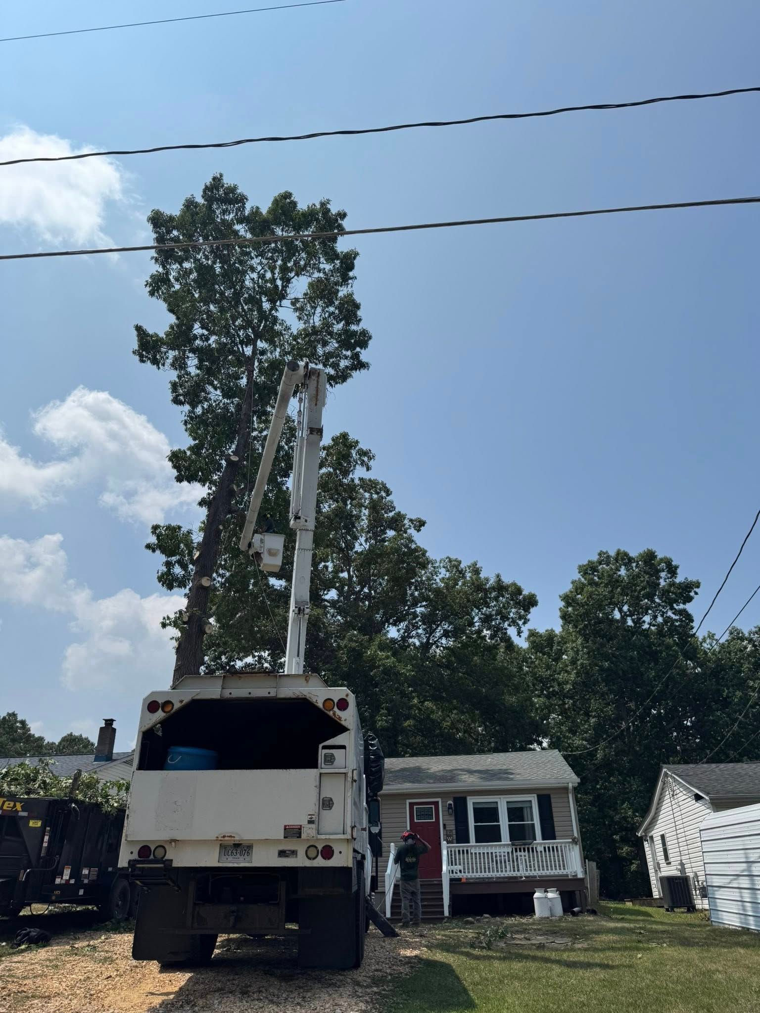 Tree trimming service truck next to a house, extending its crane toward a tall tree, near power lines.