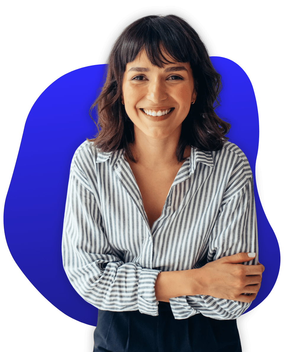 Woman with a large smile, arms crossed, wearing a striped shirt, in front of a blue shape.