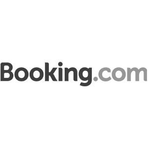 A black and white logo for booking.com on a white background.
