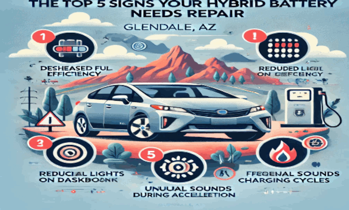 Infographic: 5 signs hybrid battery needs repair, with car illustration, icons, Glendale, AZ.