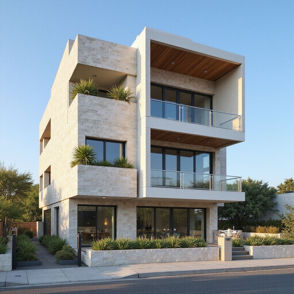 Modern three-story house with light stone facade, balconies, glass railings, and large windows.