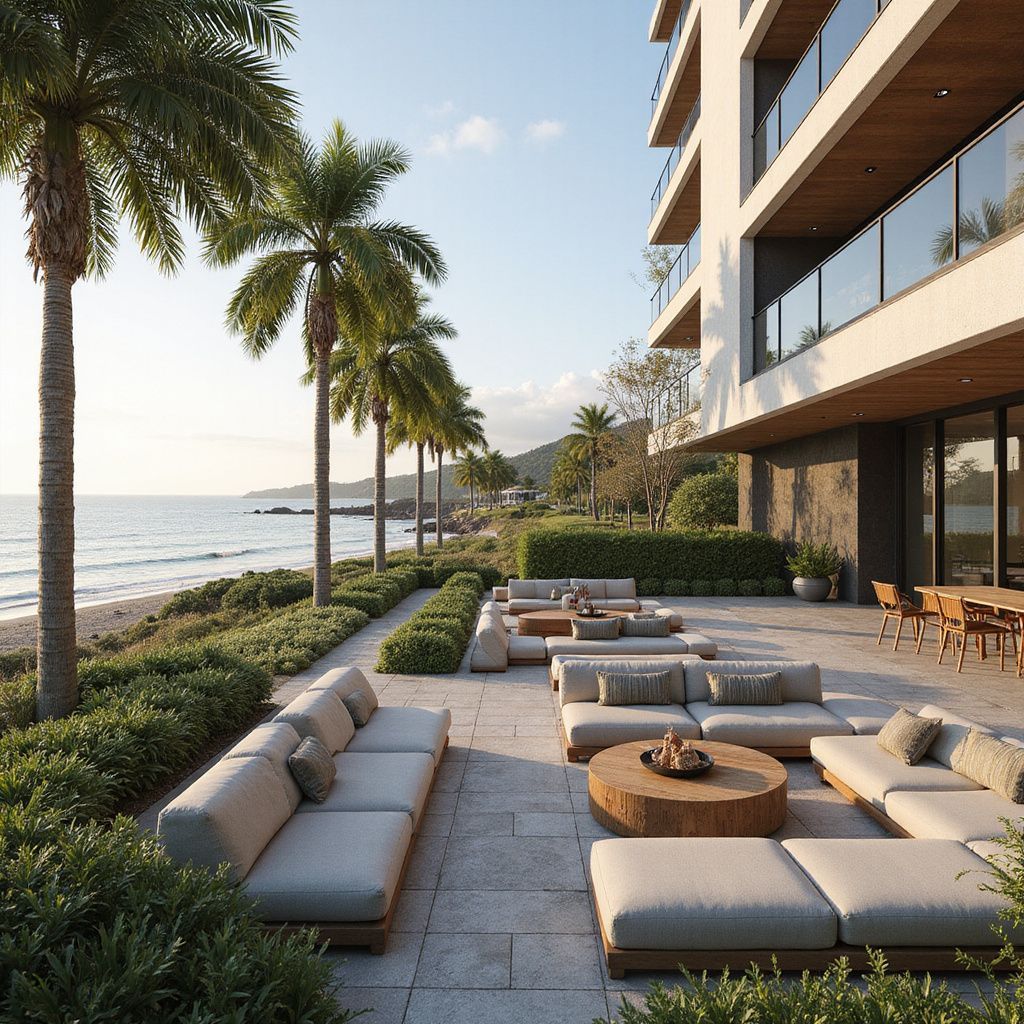 Beachfront patio with sofas, a wooden coffee table, and palm trees near a hotel.