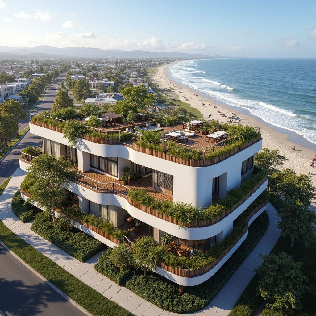 Modern beachfront apartment building with rooftop garden and ocean view.