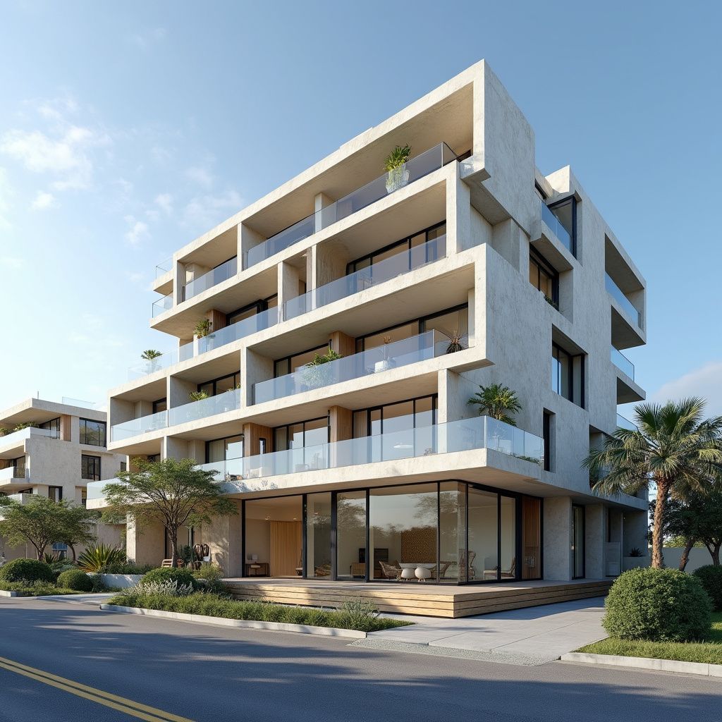 Modern concrete apartment building with glass balconies, windows, and retail space on a sunny day.