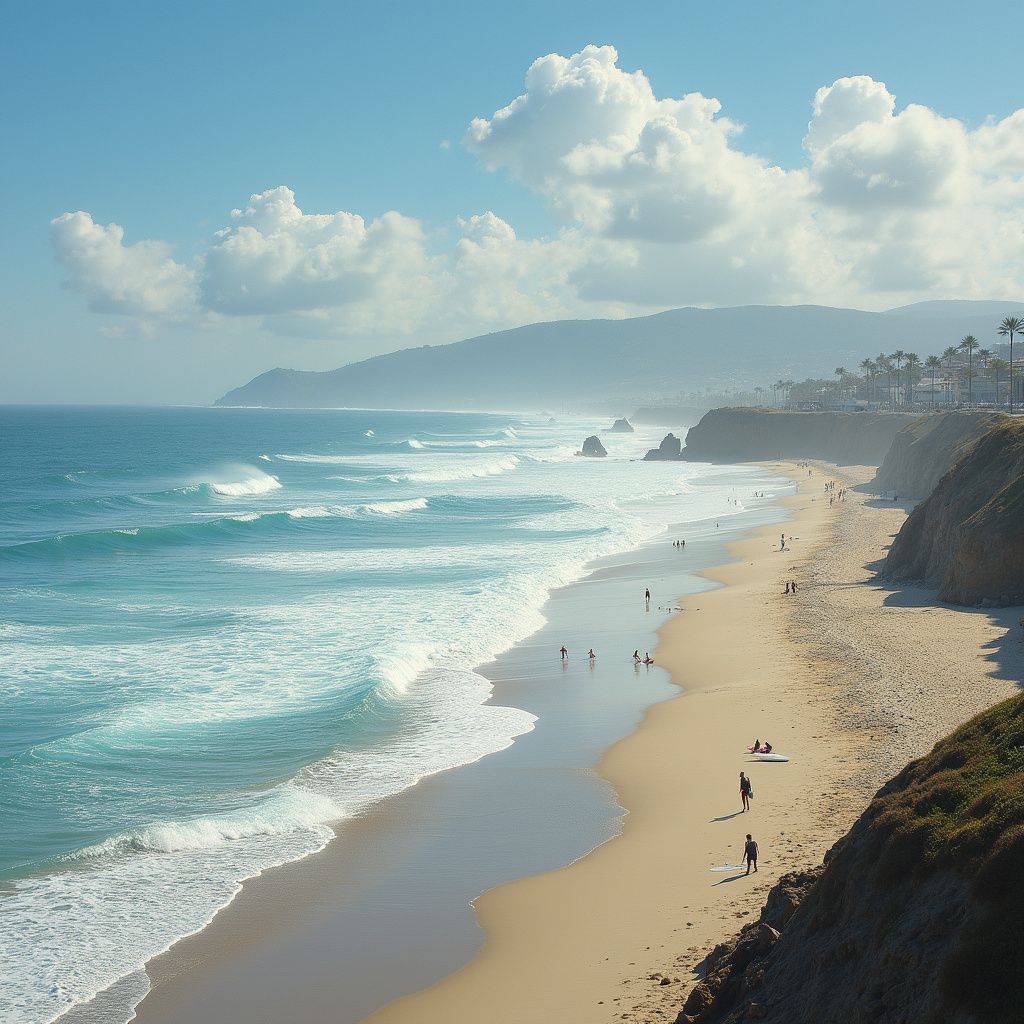 Beach scene with people, waves, sand, cliffs, and mountains under a blue sky with clouds.