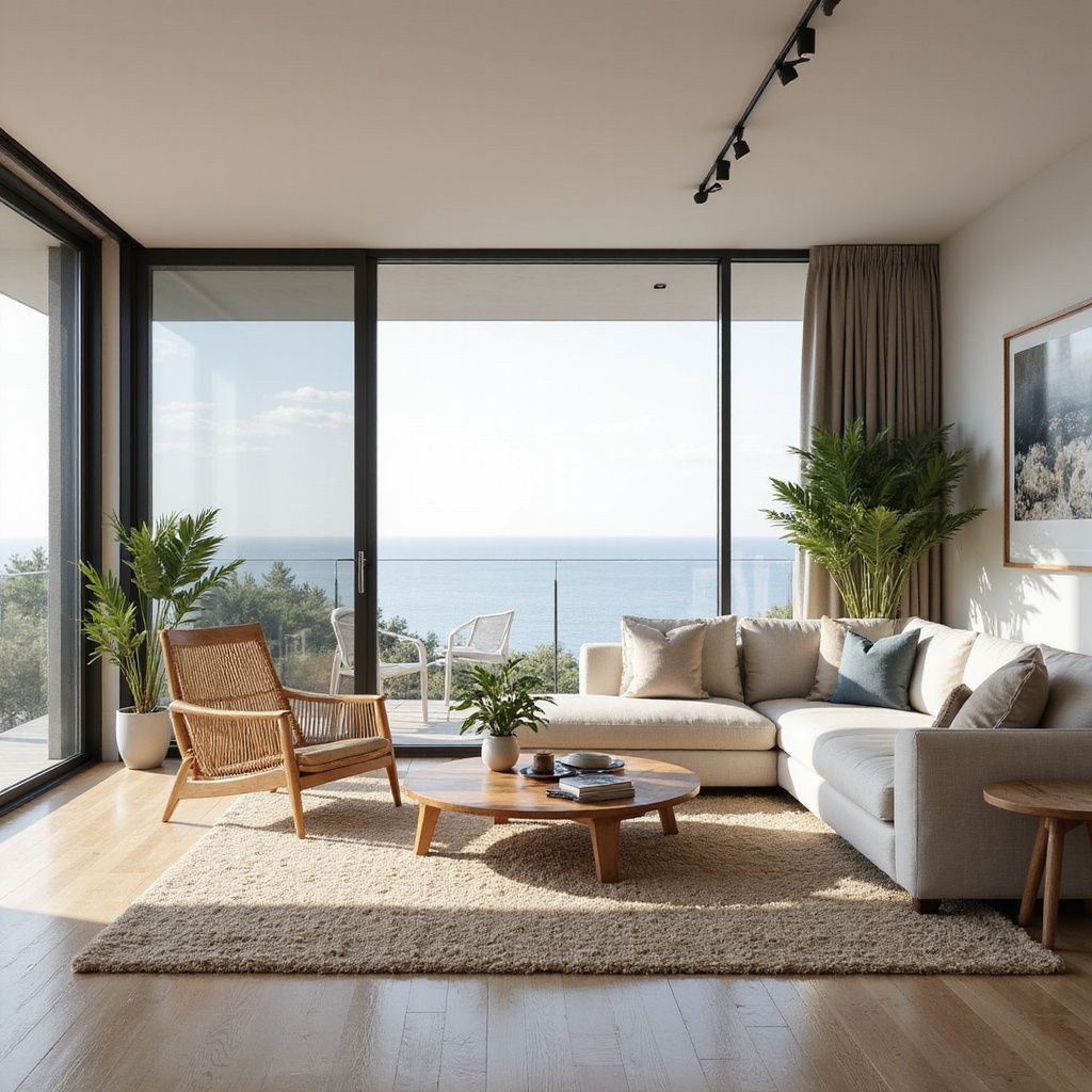 Living room with ocean view, beige sectional, wooden chair, coffee table, plants, and large windows.