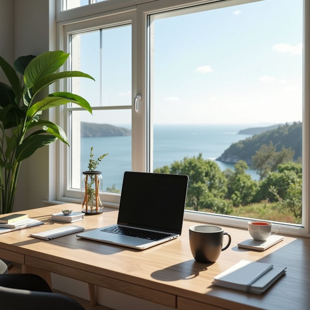 Desk with laptop, coffee cup, and notebook by a window overlooking a scenic bay.