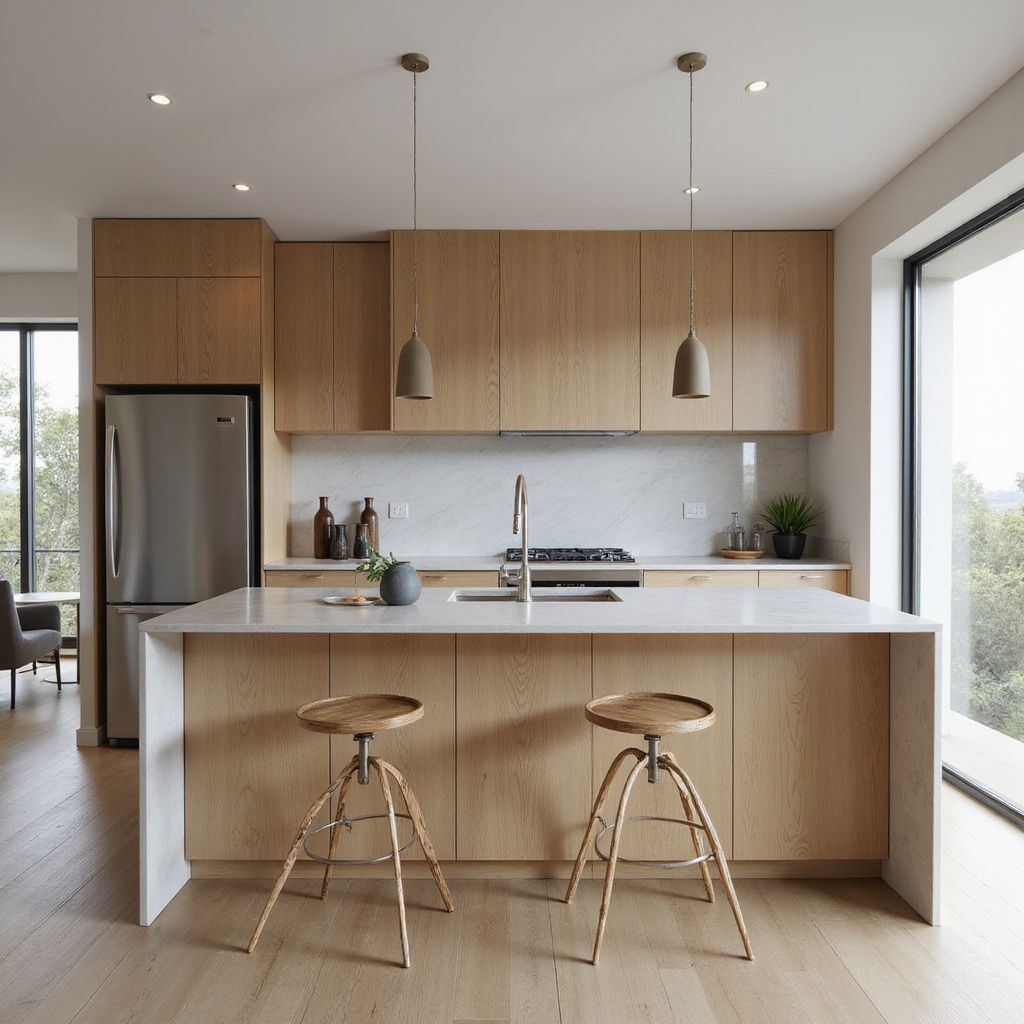 Modern kitchen with light wood cabinets, stainless steel appliances, island with two stools, and large window.