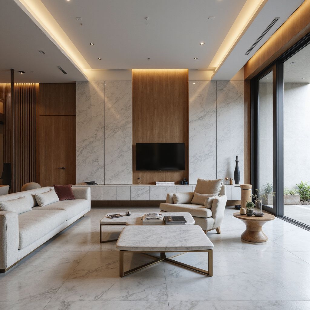 Modern living room with cream sofas, marble accents, and a large window overlooking a patio.