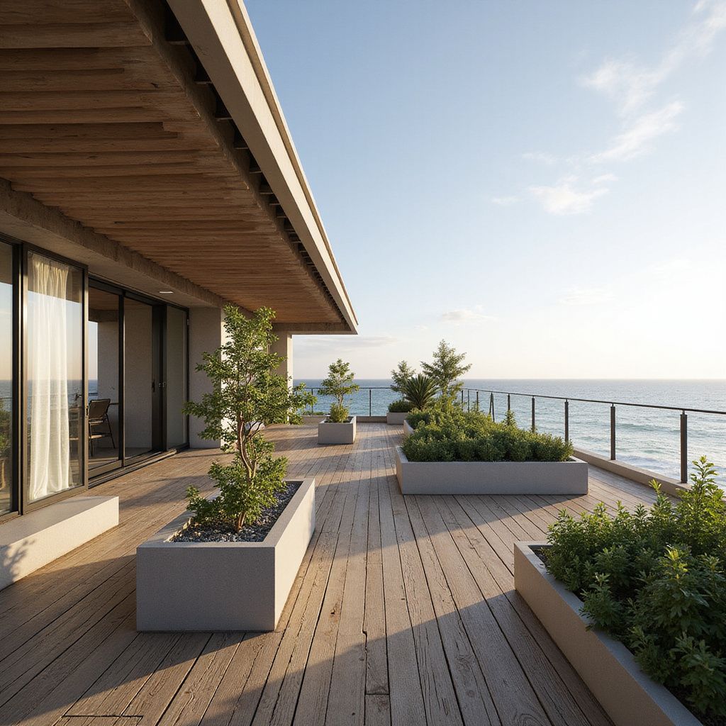 Wooden deck with planters and ocean view.