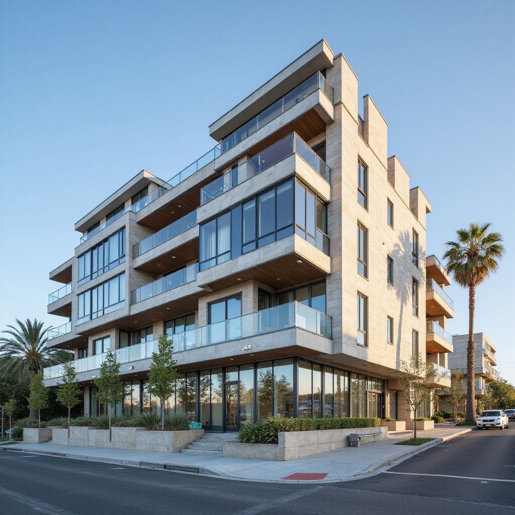 Modern apartment building with glass balconies and street-level retail, beige facade, palm tree.
