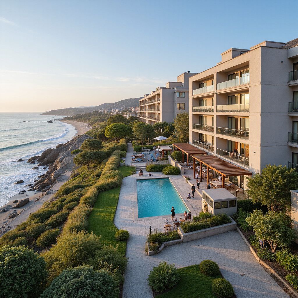 Hotel resort with pool by the ocean. Buildings, blue pool, green landscaping, beach, clear sky.