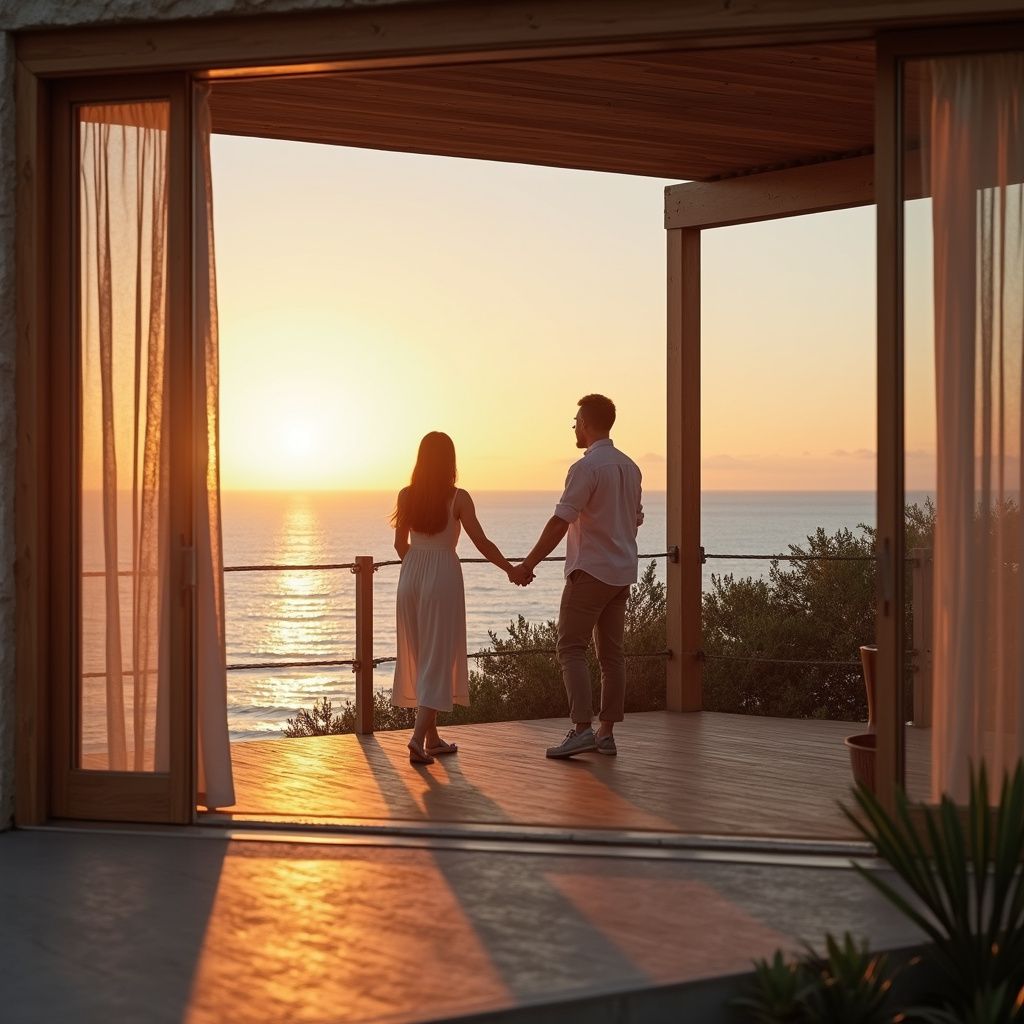 Couple holding hands on a deck, watching the sunset over the ocean.