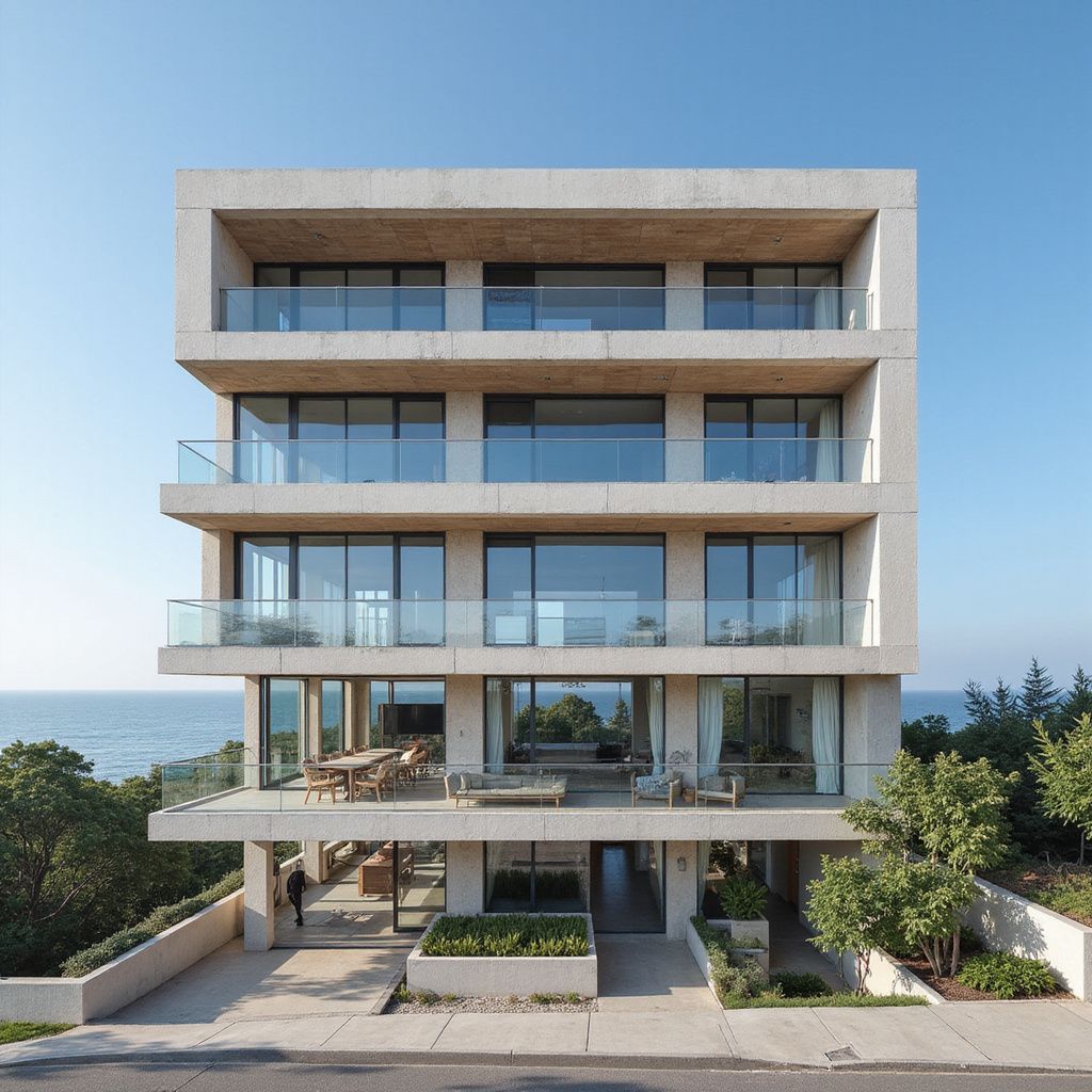 Modern beige apartment building with glass balconies overlooking the sea.