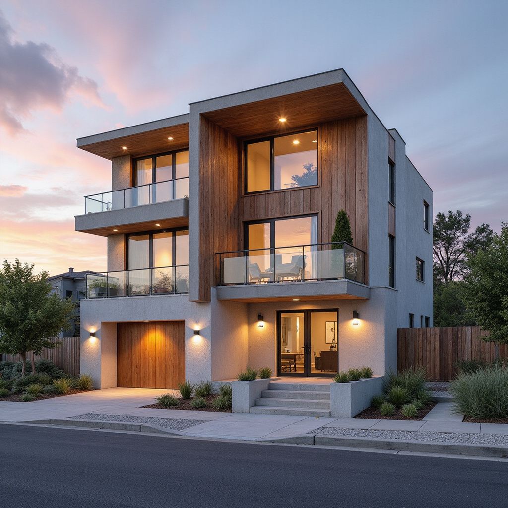 Modern three-story house with wooden accents, glass balconies, and a garage, at dusk.