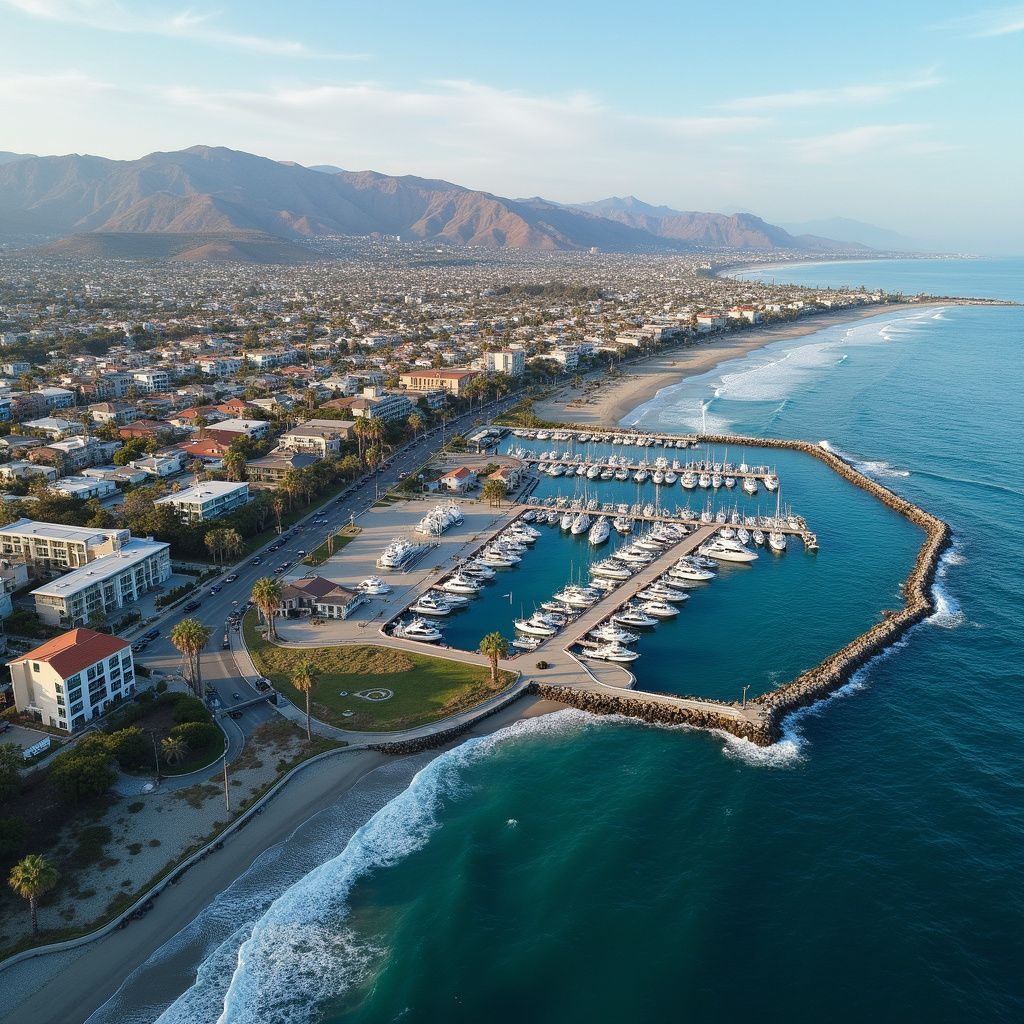 Marina with boats, seaside homes, coastal road, beach, mountains in background, blue water and sky.