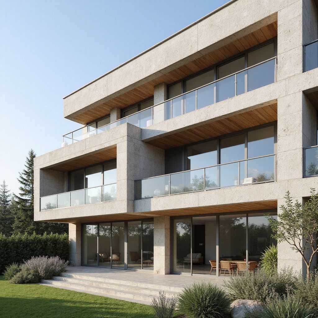Modern concrete building with glass balconies, overlooking a lawn and trees.