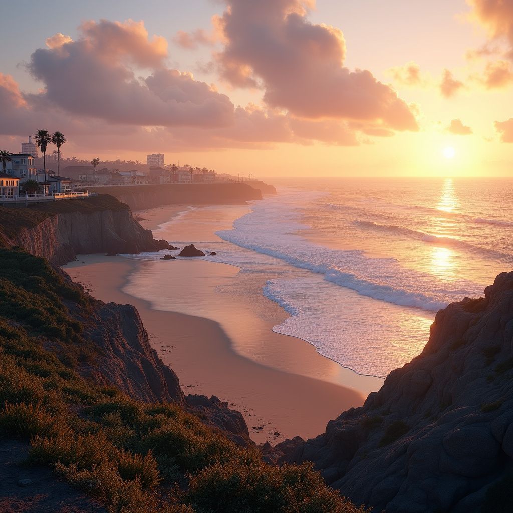Sunset over a beach with crashing waves, cliffs, and coastal buildings.
