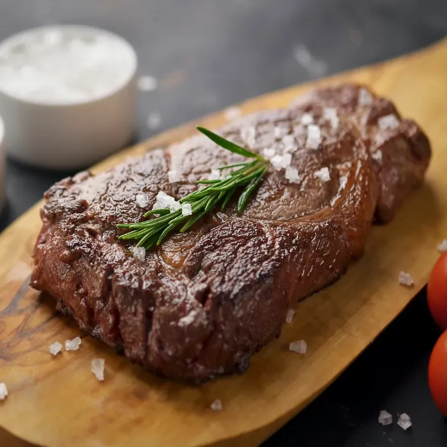 Grilled steak on a wooden board, garnished with rosemary and salt.