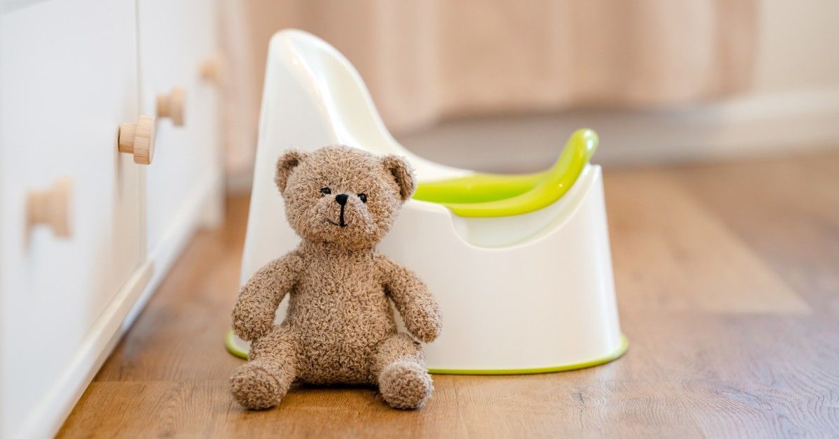 A teddy bear sits on a wooden floor beside a white potty training toilet.