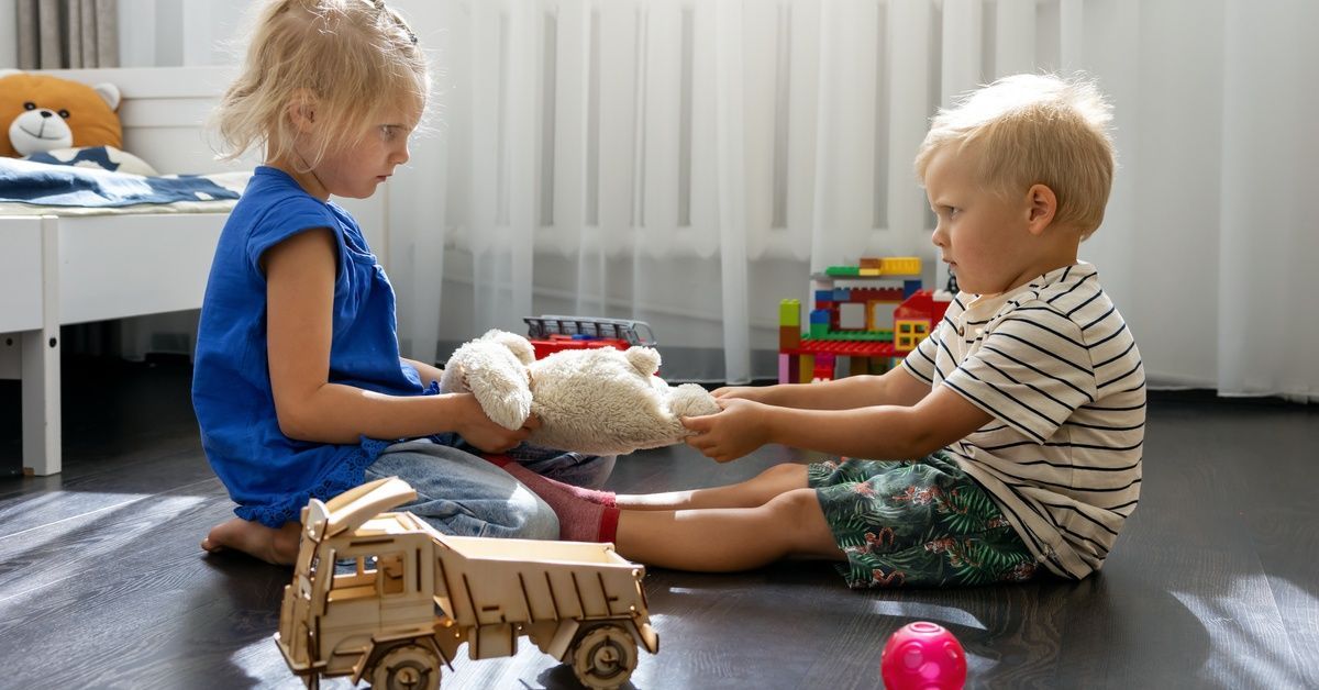 Two children sit on a wooden floor, tugging a plush toy. A wooden truck, red ball, and blocks.