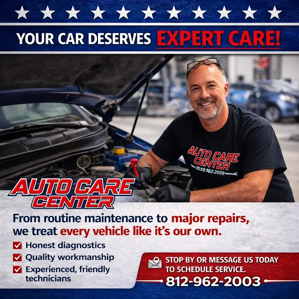 Auto Care Center Banner Featuring a Mechanic Working on a Car with Expert Care Text | Auto Care Center