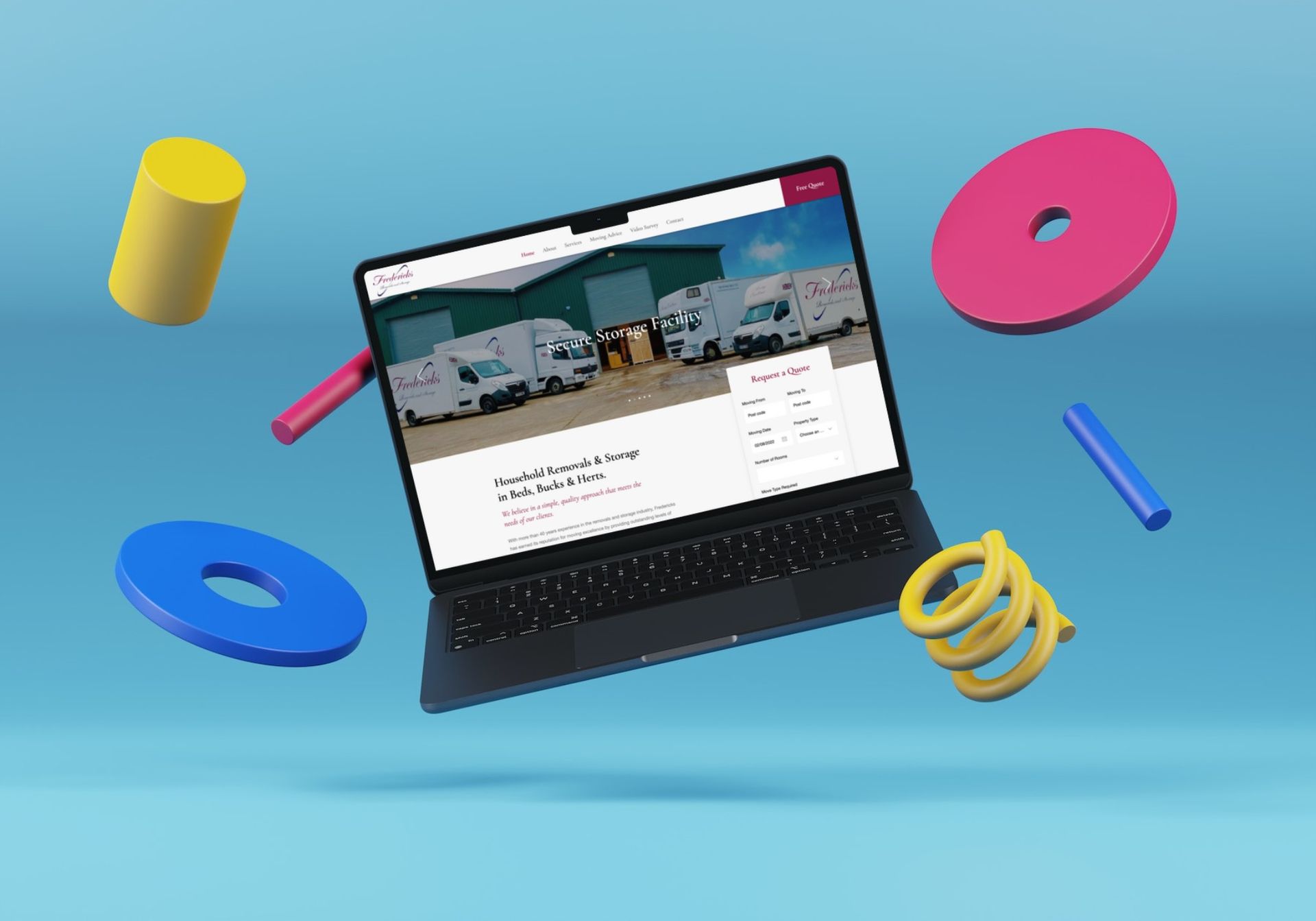 A laptop computer is floating in the air surrounded by colorful objects.