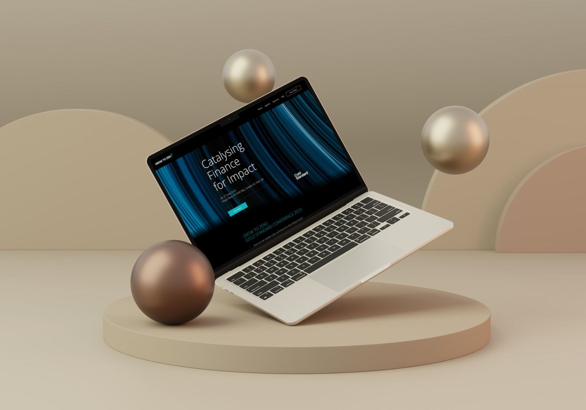 A laptop computer is floating in the air on a podium.