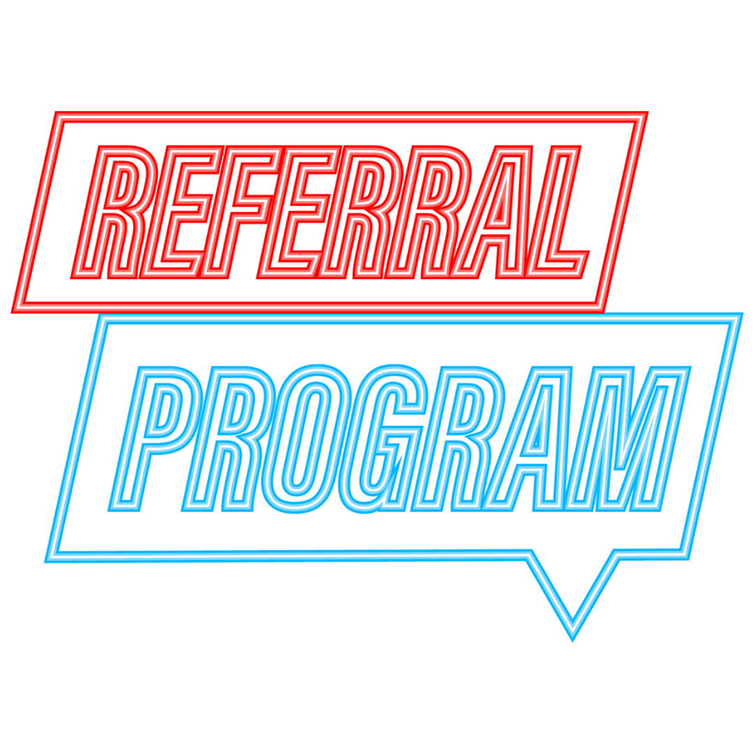 A red and blue sign that says referral program