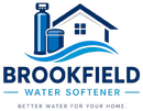 Brookfield Water Softener Logo with House Graphic, Water Softener System, Wave Graphic, Tagline, and Company Name in Brookfield, WI