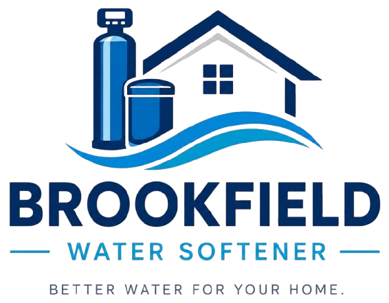 Brookfield Water Softener Logo with House Graphic, Water Softener System, Wave Graphic, Tagline, and Company Name in Brookfield, WI