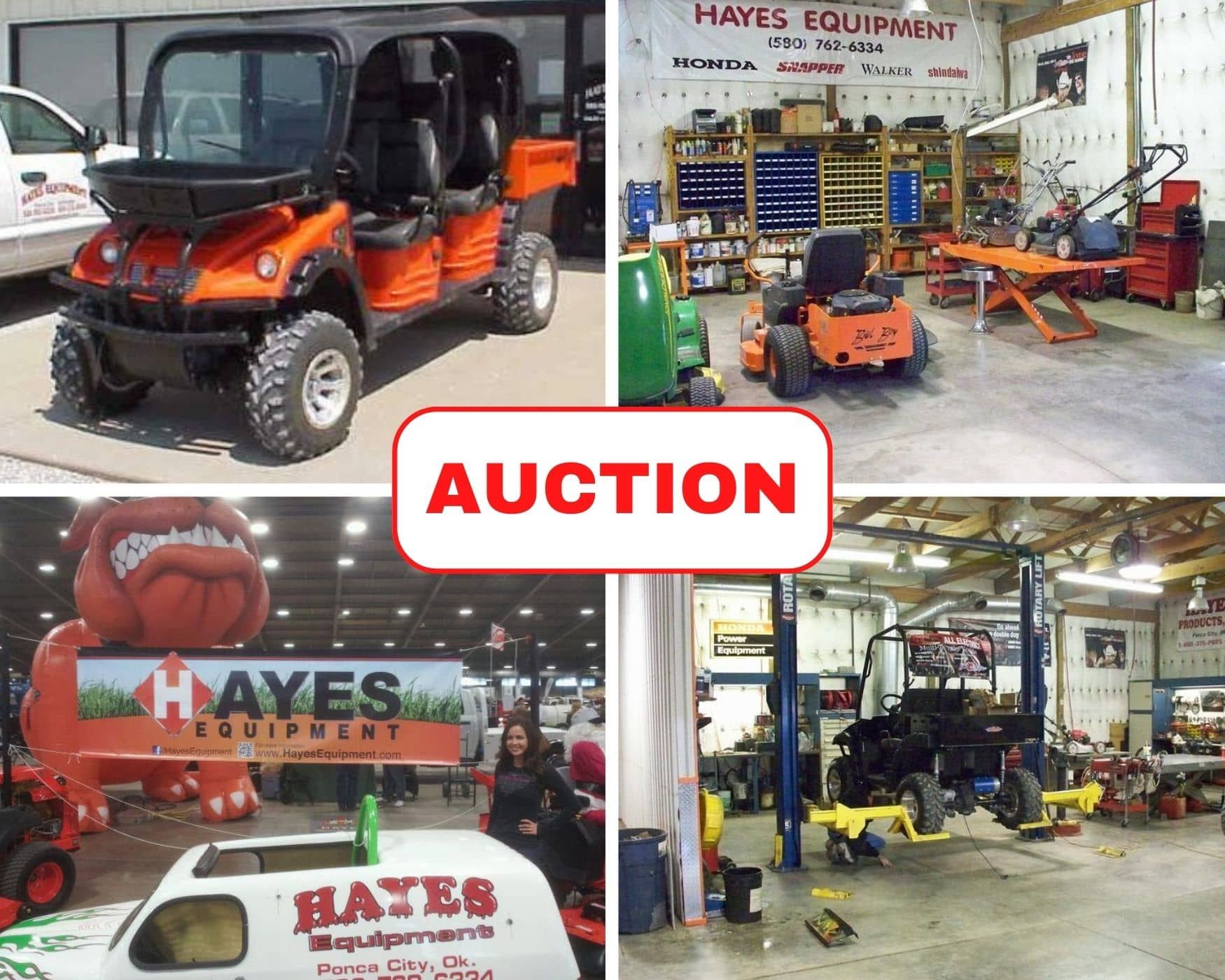 collage of items in auction including side by side utility vehicle and shop equipment tools