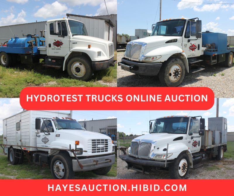 A collage of four pictures of trucks with the words hydrotest trucks online auction