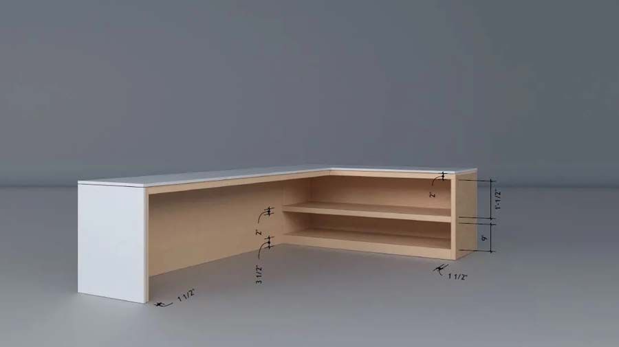 A 3d model of a wooden shelf with measurements on it.