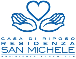 Blue logo with cupped hands holding a heart, above text: CASA DI RIPOSO RESIDENZA SAN MICHELE ASSISTENZA TERZA ETA.