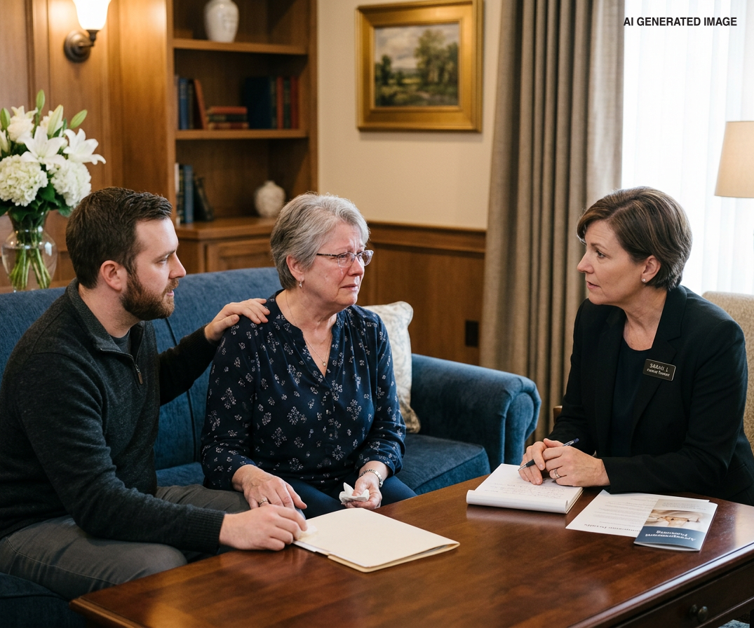 A person with a hand on an older person's shoulder as they sit with a professional in a formal office setting.